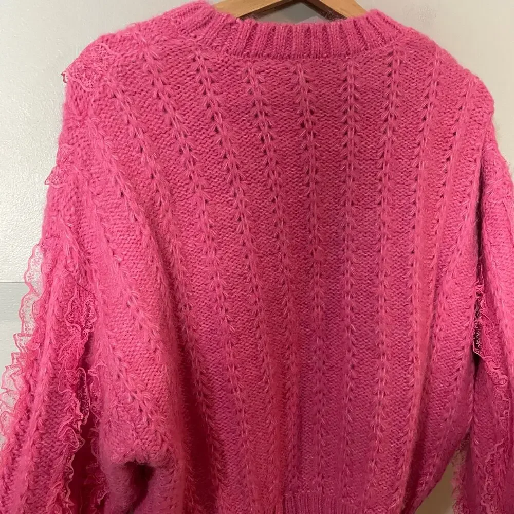 Zara Pink Ruffled & Lace Chunky Knit Sweater SZ Medium Girly Coquette Preppy - Picture 12 of 15